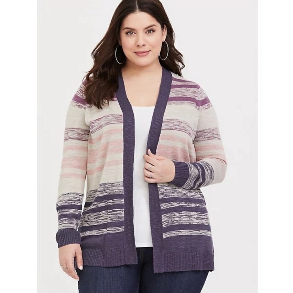 TORRID Taupe & Wild Berry Stripe Open Front Long Line Cardigan Size M